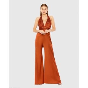 NWT Ieena for Mac Duggal Ruched Halter Top Wide Leg Satin Jumpsuit - size 2